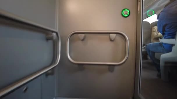 Fpv Uma Pessoa Que Atravessa Vagões Comboio Bélgica — Vídeo de Stock