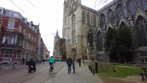 Fpv Person Walking Streets Ghent Belgium — Stock Video