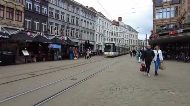 Modern Tramway Passing Street Ghent Belgium — Stock Video