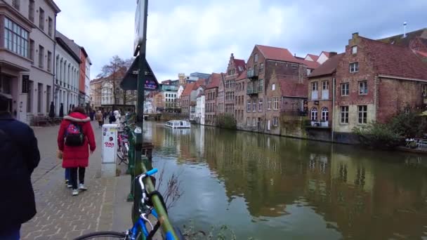 Vista Sobre Barco Turismo Navegando Por Canal Gante Bélgica — Vídeos de Stock