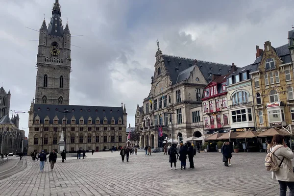 stock image Tourists walking at Sint-Baafsplein square in Ghent, Belgium