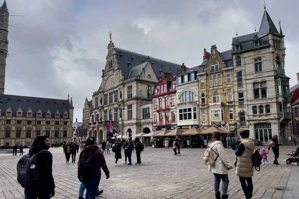 stock image Tourists walking at Sint-Baafsplein square in Ghent, Belgium