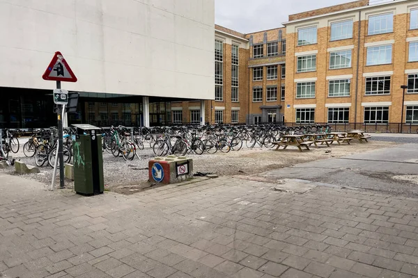 Ποδήλατα Κλειδωμένα Και Σταθμευμένα Δημόσιο Χώρο Δίπλα Στο Πανεπιστήμιο Της — Φωτογραφία Αρχείου