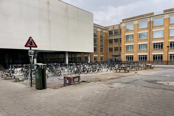 Ποδήλατα Κλειδωμένα Και Σταθμευμένα Δημόσιο Χώρο Δίπλα Στο Πανεπιστήμιο Της — Φωτογραφία Αρχείου
