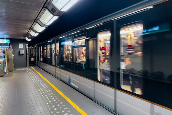 stock image Modern Metro train passing through a subway station in Brussels, Belgium