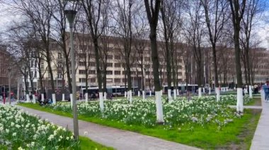 Brüksel, Belçika 'da küçük bir halk bahçesinde yürüyen insanlar