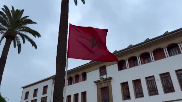 Μαροκινή Σημαία Κυματίζει Συννεφιασμένο Ουρανό Στο Βάθος — Αρχείο Βίντεο