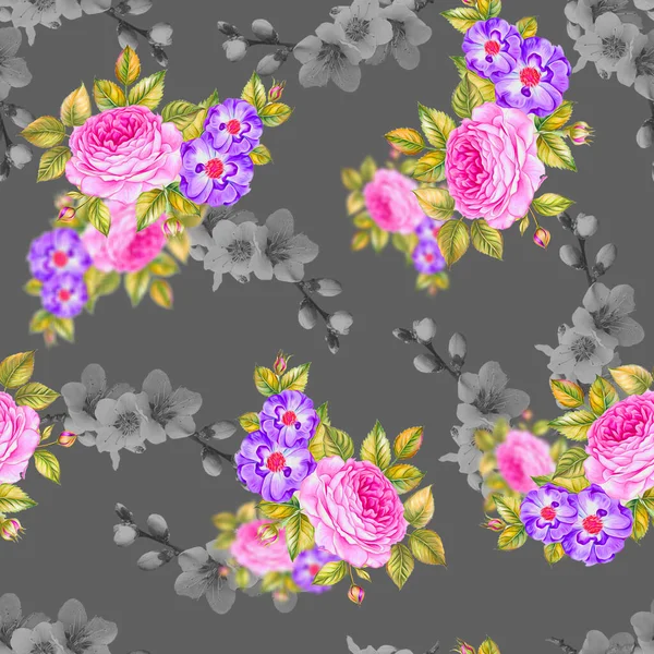 Watercolor Seamless Pattern Flowers Leaves Berries Buds Roses Branches Black — Stock Photo, Image