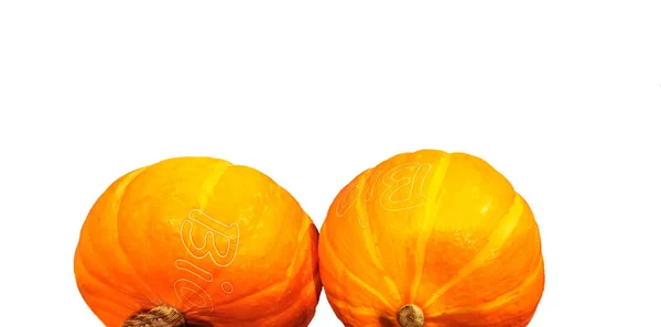 白い背景に文字と背景のスペースのある2つの大きなオレンジ色のカボチャ — ストック写真