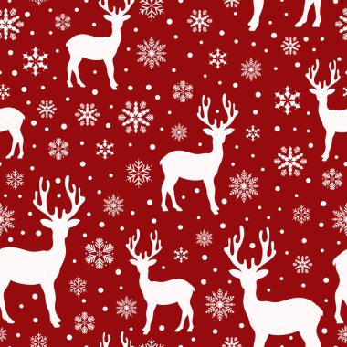 Ren geyiği silueti, kar taneleri ve karlı Noel hayvanlarının kusursuz desenleri. Yazdırma, paketleme şablonu, ambalaj kağıdı, tekstil ve duvar kağıdı.