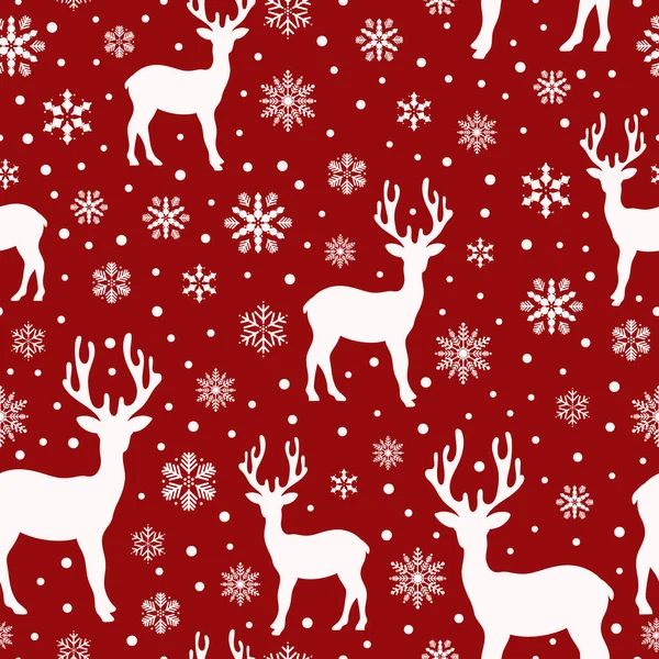 Ren geyiği silueti, kar taneleri ve karlı Noel hayvanlarının kusursuz desenleri. Yazdırma, paketleme şablonu, ambalaj kağıdı, tekstil ve duvar kağıdı.