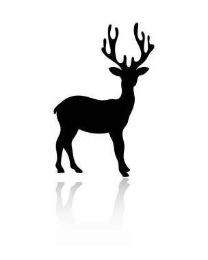 Yansımalı siyah Noel geyiği silueti. Beyaz arkaplanda izole.