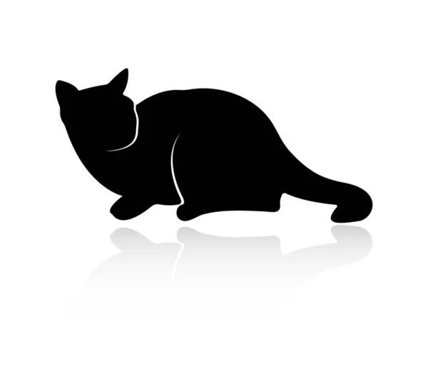 Silhouette Lying Cat Reflection Isolated White Background — Stock Vector
