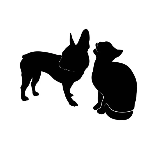 一只狗和一只猫的轮廓 法国斗牛犬和猫 因白人背景而被隔离 — 图库矢量图片