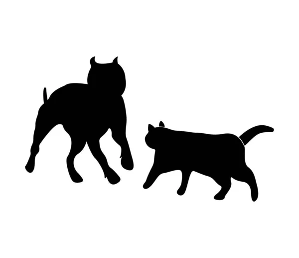Silhouette Dog Cat Pitbull Cat Running Isolated White Background — Stock Vector
