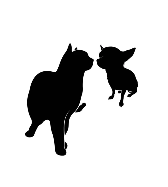 Dog Cat Silhouette Together Chihuahua Cat Isolated White Background — Stock Vector