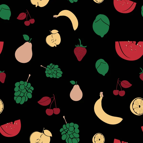 Patrón Frutas Sin Costura Manzana Fresa Plátano Uvas Cereza Limón — Archivo Imágenes Vectoriales