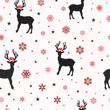 Ren geyiği silueti, kar taneleri, Noel Baba şapkası, yıldızlar ve kar olan kusursuz bir Noel Baba deseni. Yazdırma, paketleme şablonu, ambalaj kağıdı, tekstil ve duvar kağıdı.