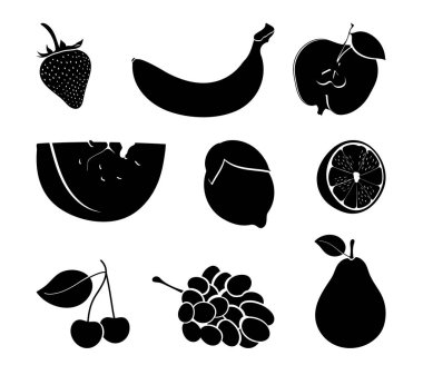 Meyve ikonları. Çilek, muz, elma ve karpuz, limon, kiraz, üzüm ve armut. Siluetler beyaz arkaplanda izole edildi.