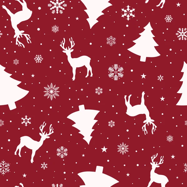 Stock vector Christmas animal seamless pattern with reindeer silhouette, snowflakes, christmas tree, stars and snow. Prints, packaging template, wrapping paper, textiles and wallpaper.