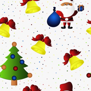 Kusursuz bir Noel deseni. Hediyeli Noel Baba, Noel ağacı, çan ve kar. Paket tasarımı, ambalaj kağıdı, baskı, tekstil ve duvar kağıtları.