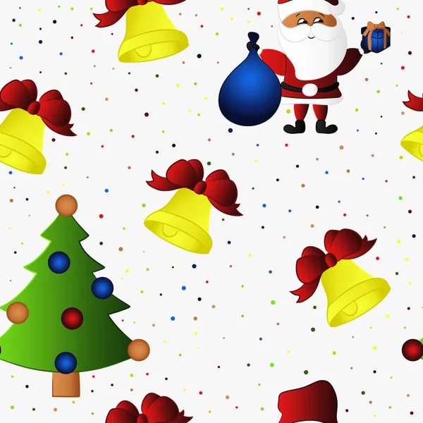 クリスマスのシームレスなパターン プレゼント クリスマスツリー 鐘と雪とサンタのクラス 包装デザイン 包装紙 織物および壁紙 — ストックベクタ