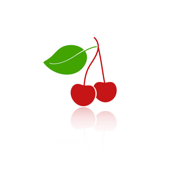 Cherry silhouette. Fruit icon print isolated on white background. With reflection.