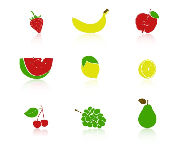 stock vector Set of fruit icons. Strawberry, banana, apple and watermelon, lemon, cherry, grape and pear. Silhouettes isolated on white background with reflections.