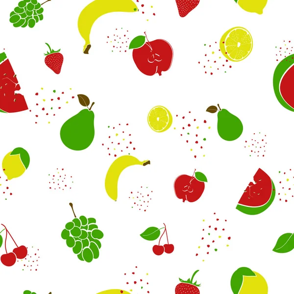 水果无缝图案 草莓和香蕉 西瓜和葡萄 彩色印刷与波尔卡点 包装模板 平面设计 纺织品 床上用品和墙纸 — 图库矢量图片