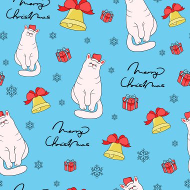 Hayvanlar için Noel kusursuz desen. Noel Baba şapkalı kedi, hediye kutusu, Noel çanı ve kar taneleri. Yazdırma, paketleme şablonu, ambalaj kağıdı, tekstil ve duvar kağıtları.