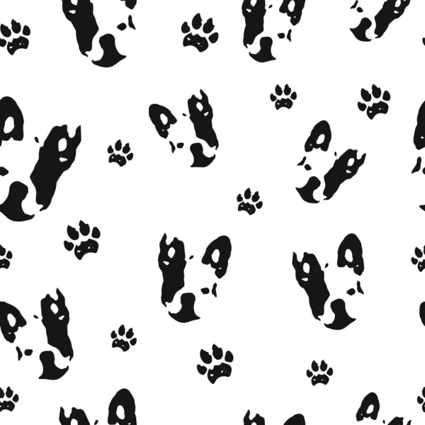 Dog Seamless Pattern French Bulldog Head Dog Footprint Paw Black — Stock Vector