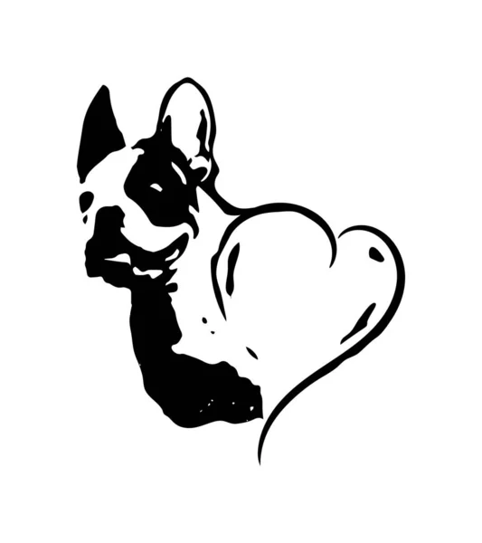 法国斗牛犬和心脏的矢量图解 狗的标志白色背景下孤立的黑色动物指纹 — 图库矢量图片