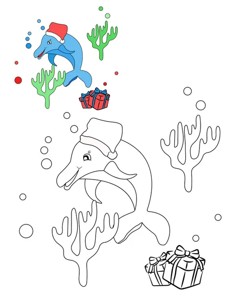 Boże Narodzenie Kolorowanki Dla Dzieci Zwierząt Kolorowanki Delfin Kapeluszem Prezentami — Wektor stockowy