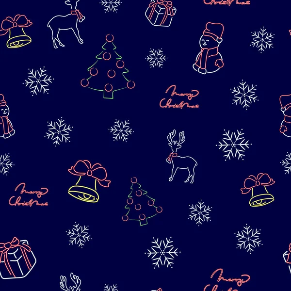 Christmas Seamless Pattern Neon Effect Snowman Reindeer Bell Gift Box — Stock Vector