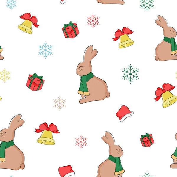 stock vector Christmas animal seamless pattern. Rabbit with scarf, hare and gift box. Sant Claus hat, Christmas bell and snowflakes. Prints, packaging design, wrapping paper, textiles and wallpapers.