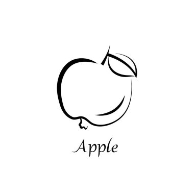 Üzerinde yazı olan elma silueti, tarif. Meyve taslağı. Beyaz arkaplanda siyah yazdırma simgesi izole edildi.