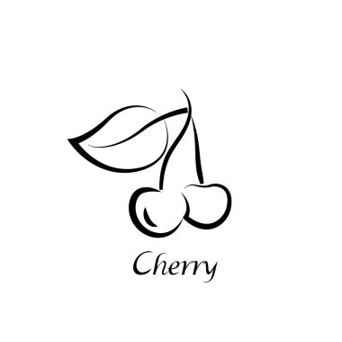Üzerinde yazı olan kiraz rengi siluet, tarif. Meyve taslağı. Beyaz arkaplanda siyah yazdırma simgesi izole edildi.