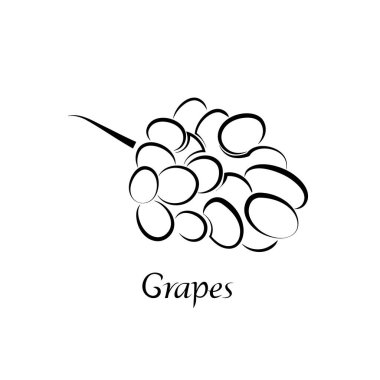 Üzüm silueti, üzerinde yazı ve eşkâl var. Meyve taslağı. Beyaz arkaplanda siyah yazdırma simgesi izole edildi.