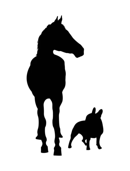 Końska Psia Sylwetka Czarny Odcisk Zwierzęcia Koń Francuski Buldog Razem — Wektor stockowy