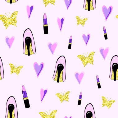 Altın parıltılı hatunsal desenler. Topuklar, ruj, makyaj, kalp ve kelebek. Paketleme şablonu, baskı, kumaş, çarşaf ve duvar kağıdı.