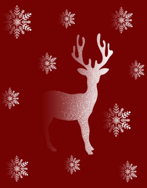 Ren geyikleri ve kar taneleriyle Noel geçmişi. Hayvan baskısı ve Noel temalı hediye kartı..