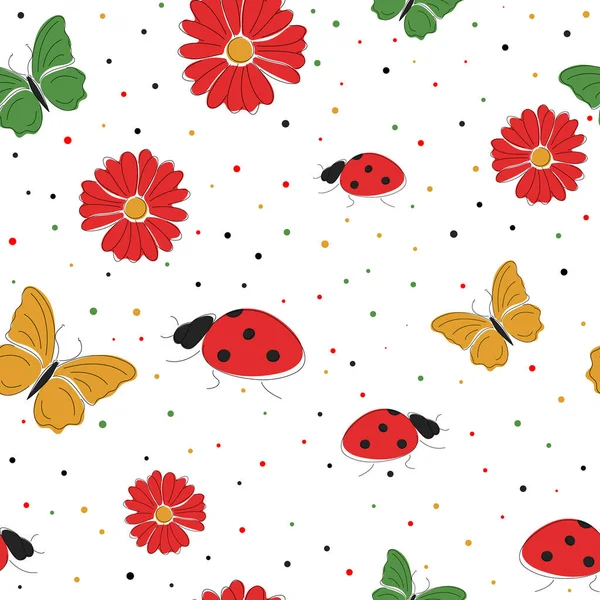 Χαριτωμένη Πασχαλίτσα Λουλούδια Και Πεταλούδα Εικονογράφηση Διανύσματος Πουά Πουά Φύση — Διανυσματικό Αρχείο
