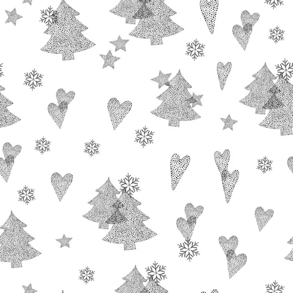 Seamless Pattern Christmas Trees Snowflakes Hearts Stars Dot Print Packaging — Stock Vector