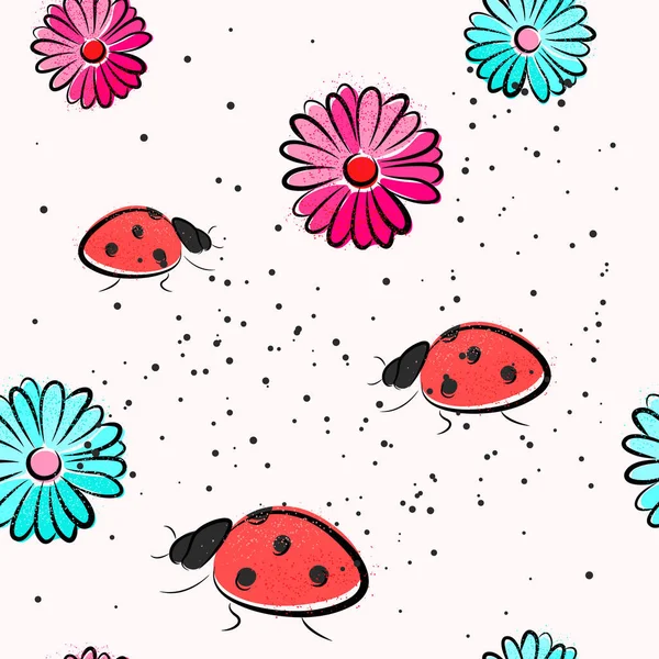 Cute Ladybug Flowers Vector Illustration Nature Seamless Pattern Packaging Template — Stock Vector