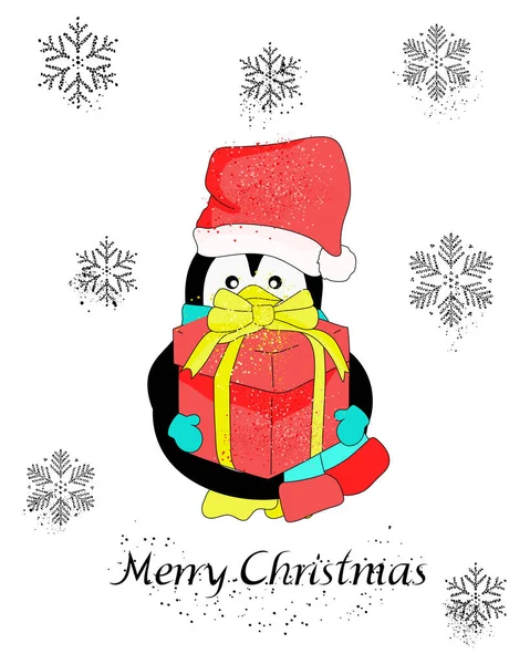 Рождественская Открытка Пожеланием Счастливого Рождества Пингвин Подарочной Коробкой Снежинками Изолированы — стоковый вектор