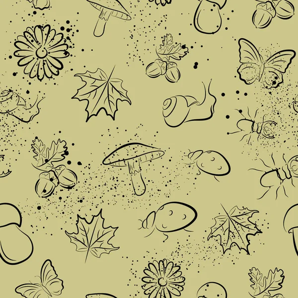 원소의 매끄럽지 패턴이다 투구벌레 무당벌레 무당벌레 단풍나무 도토리 달팽이 디자인 — 스톡 벡터