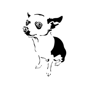 Bir Chihuahua 'nın el çizimi siluetinin vektör çizimi. Siyah köpek şablonu. Beyaz arkaplanda izole.