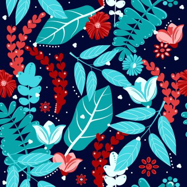 Floral seamless pattern. Tropical and forest leaves and flowers of daisies, lilies. Meadow, Forest. Prints, packaging template, textiles, clothing, bedding and wallpaper.