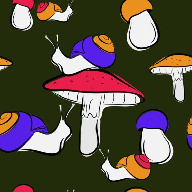 Orman pürüzsüz desen. Salyangoz, mantar ve mantar. Doğa temalı çocuklar için grafiksel tasarım. İzler, ambalaj şablonu, tekstil, yatak ve duvar kağıdı.