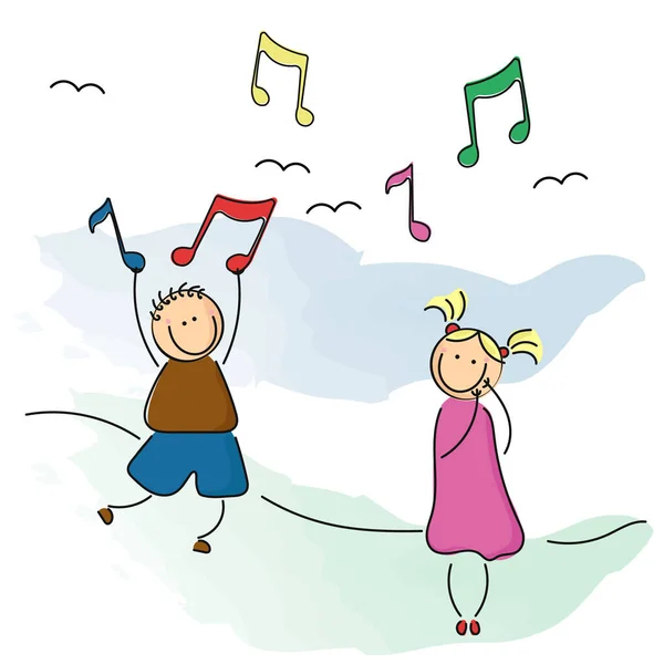 Ilustração Vetorial Crianças Com Notas Musicais Crianças Cantam Brincam Canção — Vetor de Stock